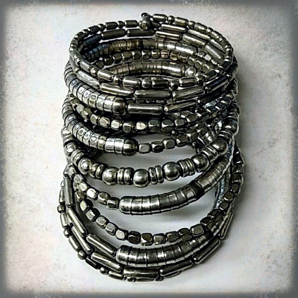SOLD   Silvertone Spiral Cuff Beaded Bracelet